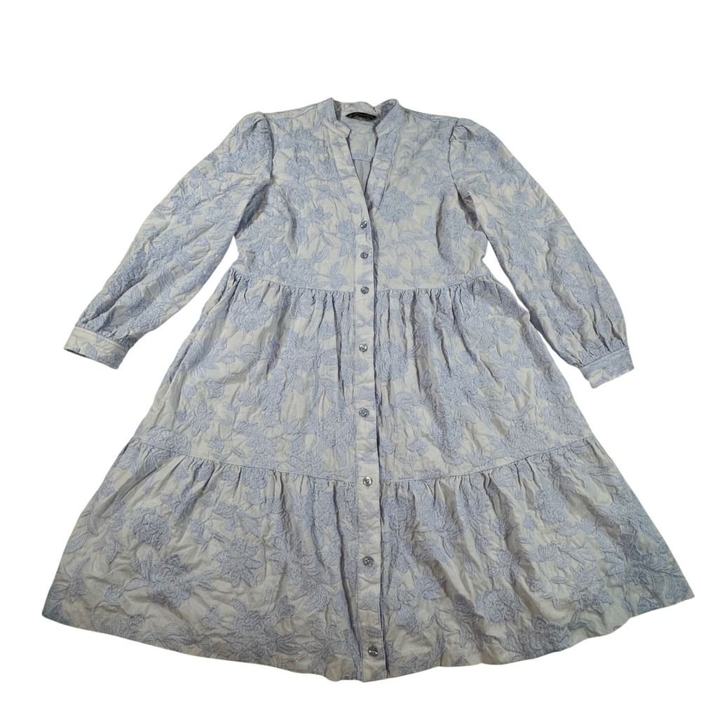 Brooks Brothers Blue Floral Embroidered Tiered Cotton Shirtdress Women's 6 Boho